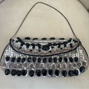 ETHIC Vtg  Purple Embroidered Beaded Crystals Clutch Handbag Purse Party Evening